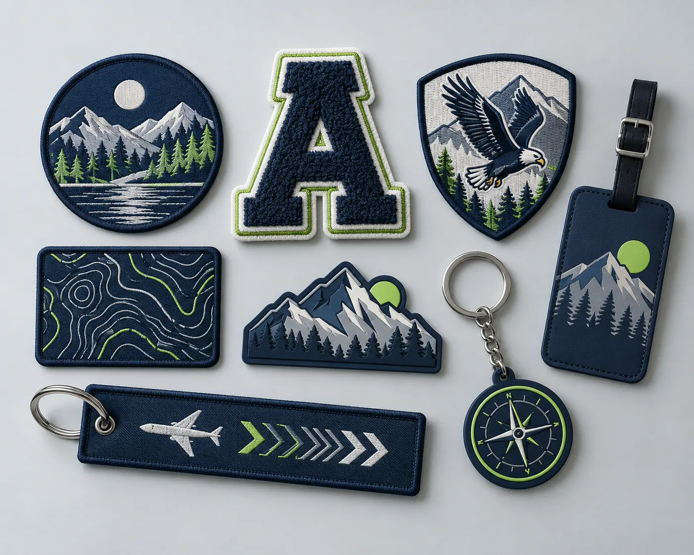 Custom patches, fabric keychains and luggage tags in a coordinated navy and gray design collection